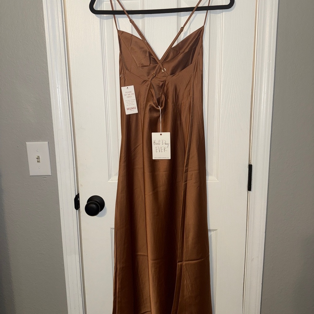 NWT Show Me Your MuMu Satin Midi Dress in Tan - Picture 4 of 8